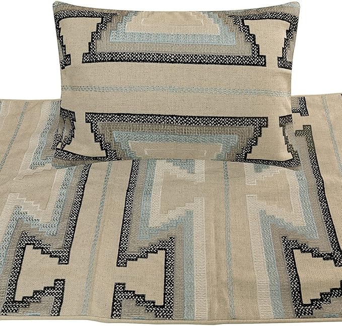 The HomeCentric King Queen Twin Blue & Ivory Decorative Full 68"x18" Bed Runner with 2 Pillow Cover, Embroidered Bed Scarf on Cotton Fabric - Aztec Armour