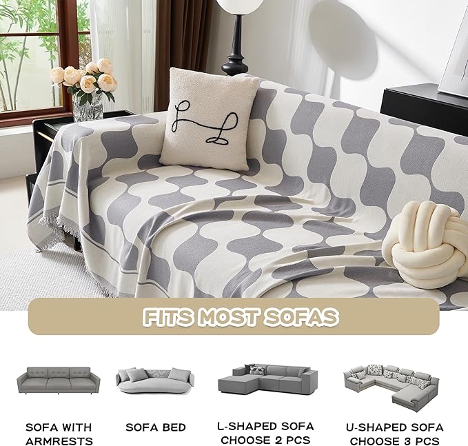 MEETSKY Couch Cover Loverseat Sofa Covers Protector, Sofa Throw Cover Washable Sofa Slipcovers, Thick Soft Fabric Chenille Jacquard Modern Style for Living Room, 71" x 102", Grey Checkerboard