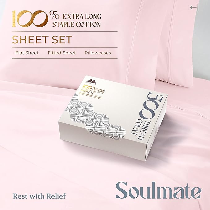 Mayfair Linen 100% Cotton Bed Sheets Queen Set - 500 Thread Count Cotton Sheets for Queen Size Bed, 4 PC Set (Blush), Ultra Soft, Cooling, Sateen Weave 16" Deep Pocket Bedsheet for Hot Sleepers