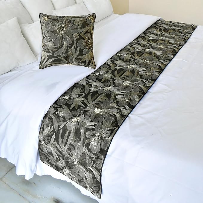 The HomeCentric King/Queen/Twin Grey Decorative Bed Runner CA King 86"x18" Bed Runner Without Pillow Cover, Embroidery, Floral, Pearl Bed Scarf on Jacquard Fabric - Liana