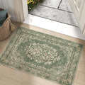 jinchan Green Floral 2x3 Rug for Entryway - Vintage Washable Area Rug Ultra-Thin Low Pile Soft Christmas Small Non Slip Distressed Doormat for Entrance Kitchen Bathroom Bedroom (2x3ft, Dark Green)