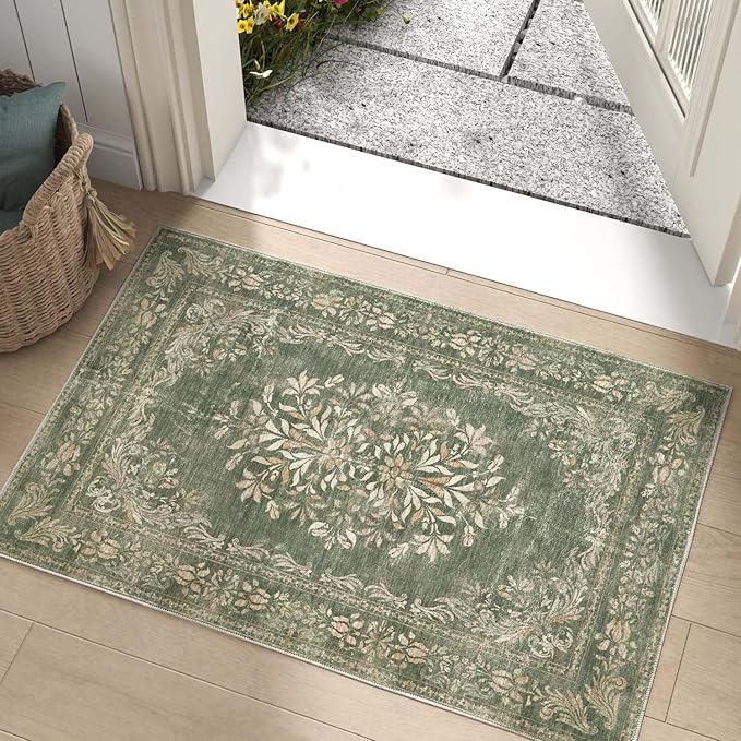 jinchan Green Floral 2x3 Rug for Entryway - Vintage Washable Area Rug Ultra-Thin Low Pile Soft Christmas Small Non Slip Distressed Doormat for Entrance Kitchen Bathroom Bedroom (2x3ft, Dark Green)