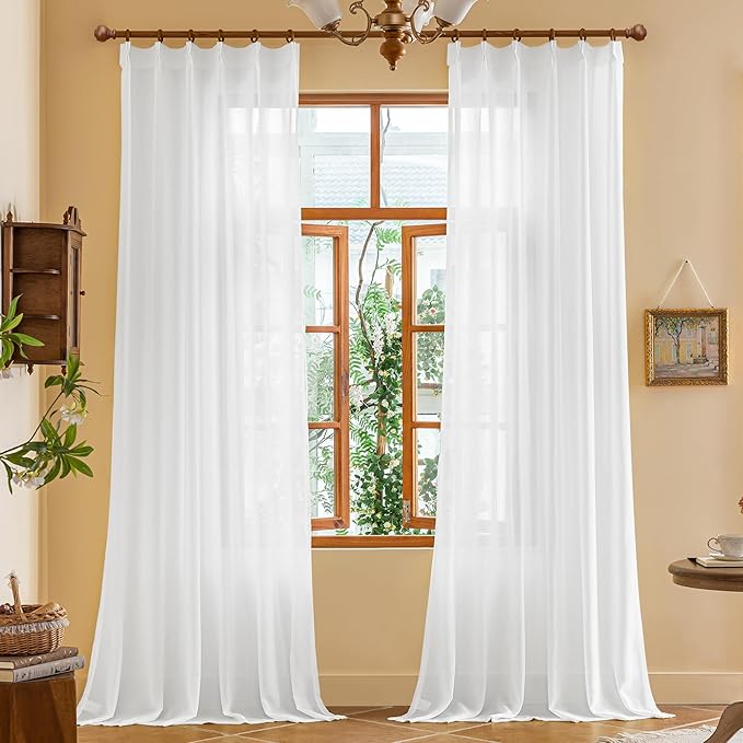 102 Inches Long White Sheer Curtains Pinch Pleated Drapes with Adjustable Hooks for Patio Door Tree Branch Textured Light Filter 102 Inch Ceiling Track Curtains, White, 72"W x 102"L, 2 Panels