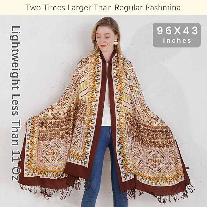 DANA XU 100% Merino Wool Pashmina Shawl for Women 96"x43", Oversized Cashmere Wrap with Tassels, Floral Travel Blanket Cape