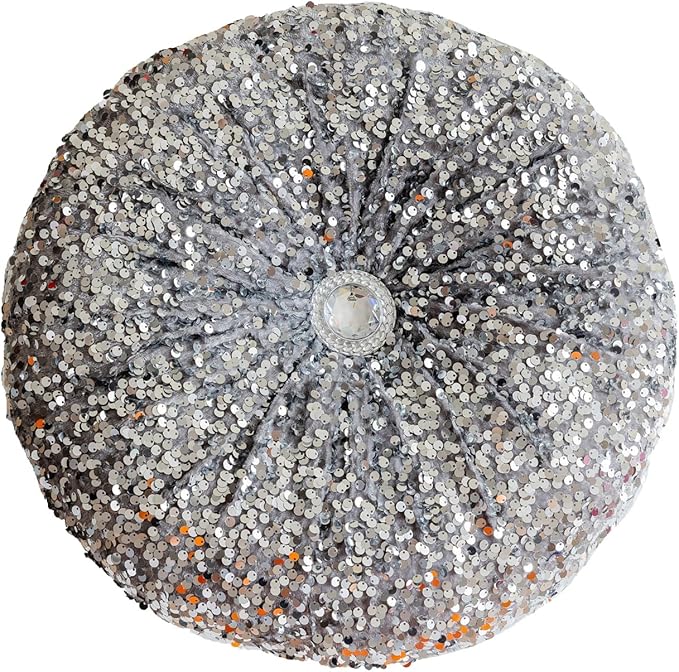 Round Throw Pillow, 13.7" Soft Glitter Sequin Pleated Pumpkin Decorative Round Pillow Circle Floor Pillow Cushions for Sofa Bed Chair Living Room Floor Home Decoration, Silver
