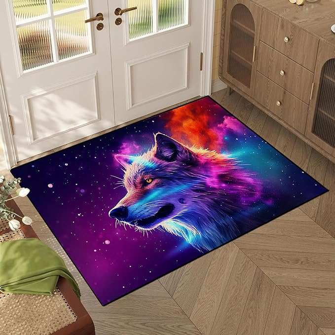 Galaxy Wolf Rug 3D Fierce Wolves Area Rugs for Bedroom Living Room Playroom Gameroom Boys Kids Colorful Glitter Throw Rugs Floor Mat Carpet 47 in X 31 in