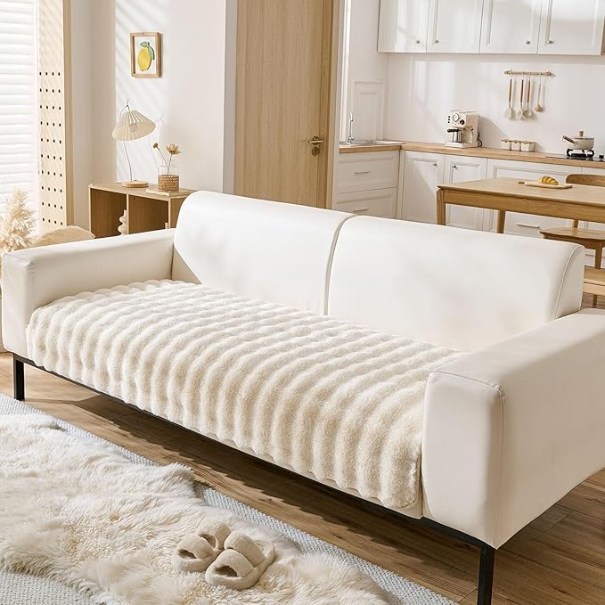 Faux Fur Couch Cover Fuzzy Soft Plush Thick Bubble Sofa Cover Luxury Sectional Couch Covers Luxury Anti-Slip Sofa Slipcover Washable Furniture Protector (Ivory,36"x47")