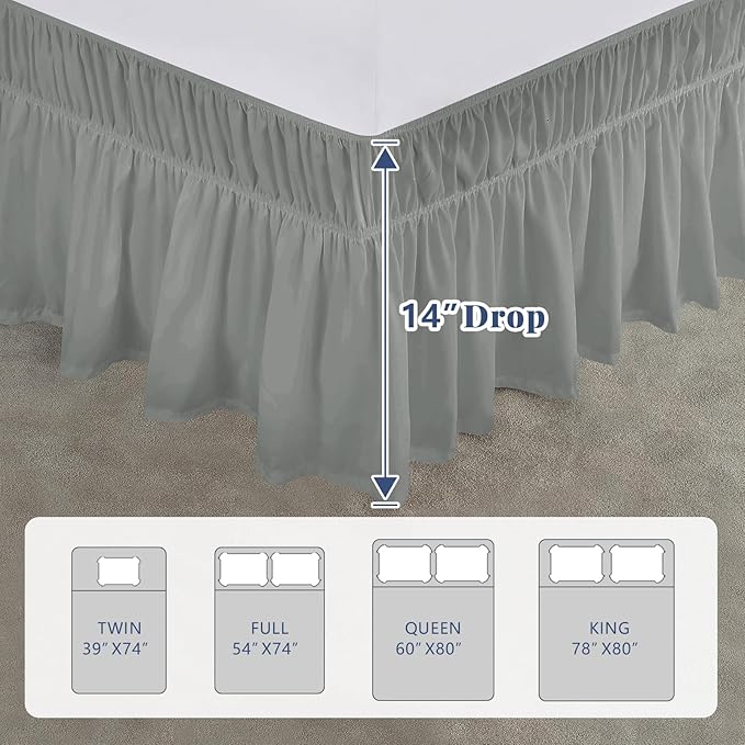 King Bed Skirt, Elastic Wrap Around Bed Skirt King Size, Bed Skirts for Adjustable Bed, Easy Fit with 14" Drop Length Tailored Drop Dust Ruffle (Grey)