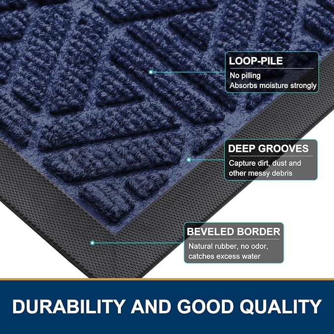 Smiry Front Door Mat Outside Entrance, Heavy Duty Sturdy Natural Rubber Doormat, Trap Dirt and Moisture, Easy Clean Low Profile Mats for Indoor Outdoor Entry, Grid Geometric (71x24, Navy Blue)