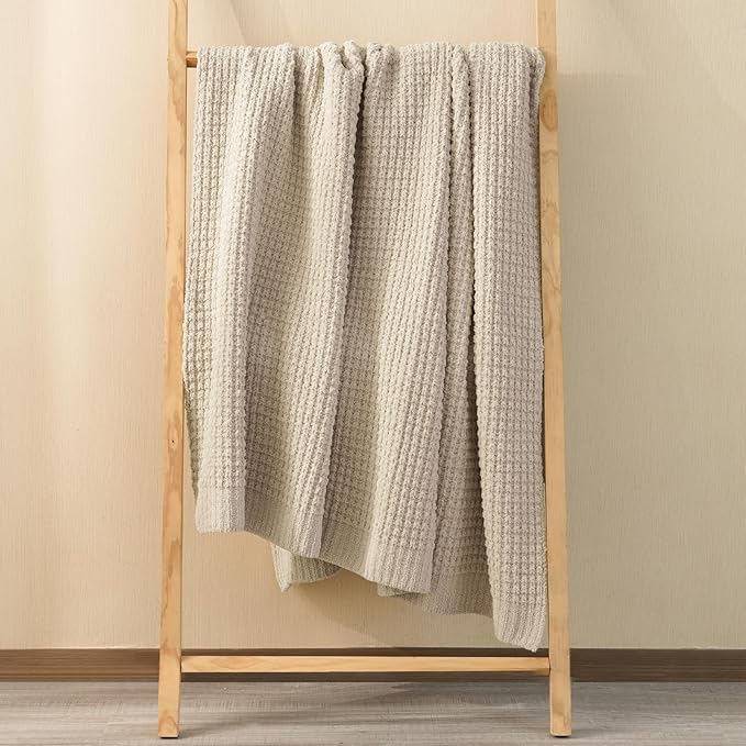 PHF Chenille Waffle Knit Blanket Twin Size- Plush Warm & Cozy 60" x 80" Ultra Soft Blanket- Chunky Fluffy Waffle Bedding for Home Decor - Natural