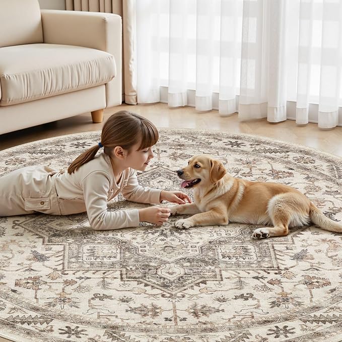8ft Round Vintage Living Room Area Rug - 8x8 Large Soft Washable Oriental Traditional Distressed Farmhouse Rugs for Bedroom - Indoor Floor Accent Carpet for Home Office House Decor - Light Brown