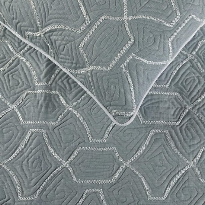 The HomeCentric King Queen Twin Grey Blue Bed Runner with 2 Decorative Throw Pillow Cover, Full Size 68"x18" Bed Runner with Pillow Cover, Linen Quilted Embroidery, Modern Contemporary - Atmosphere