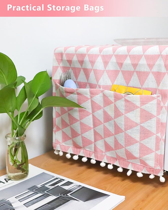 Microwave Oven Cover Dustproof Cotton Machine Protector Decorative Kitchen Appliance Cover with Side Storage Pockets (11.8 x 35.4 Inch, Pink Triangle)