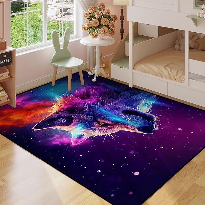 Galaxy Wolf Rug Large 3D Fierce Wolves Area Rugs for Bedroom Living Room Playroom Gameroom Boys Kids Colorful Glitter Throw Rugs Floor Mat Carpet 71 in x 47 in