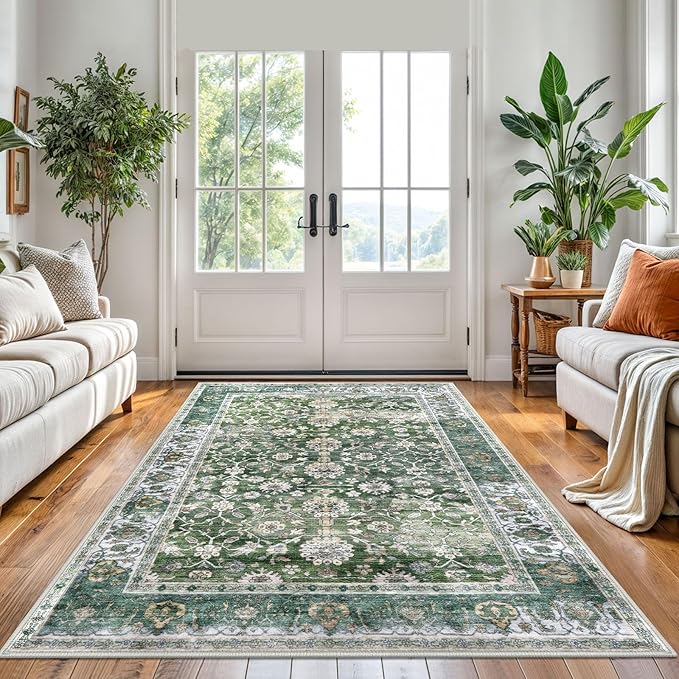 KUTA 5x7 Area Rugs, Vintage Green Washable Rugs for Living Room Ultra Thin Soft Non-Slip Printed Distressed Tribal Traditional Farmhouse Carpet for Bedroom Dining Room Dorm Office Home