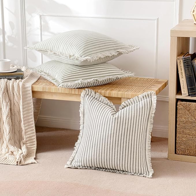 MIULEE Pack of 2 Sage Green Pillow Covers 20x20 Inch Striped Farmhouse Couch Spring Throw Pillow Covers with Fringe Chic Linen Decorative Cushion Covers for Sofa Living Room Bed Outdoor Home Decor