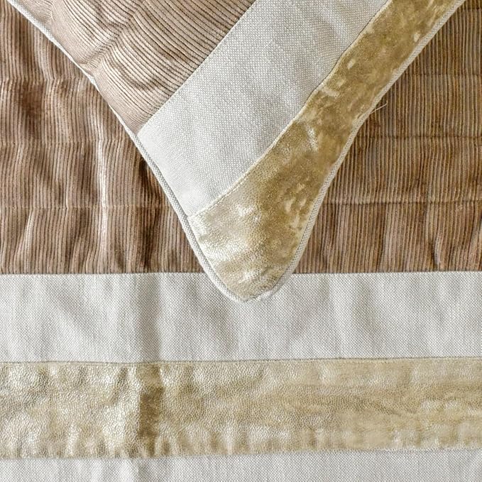 The HomeCentric King/Queen/Twin Beige Designer Twin 53"x18" Bed Runner with Two Pillow Cover, Velvet & Patchwork Bed Scarf on Velvet Fabric - Luxe Velvet Lines