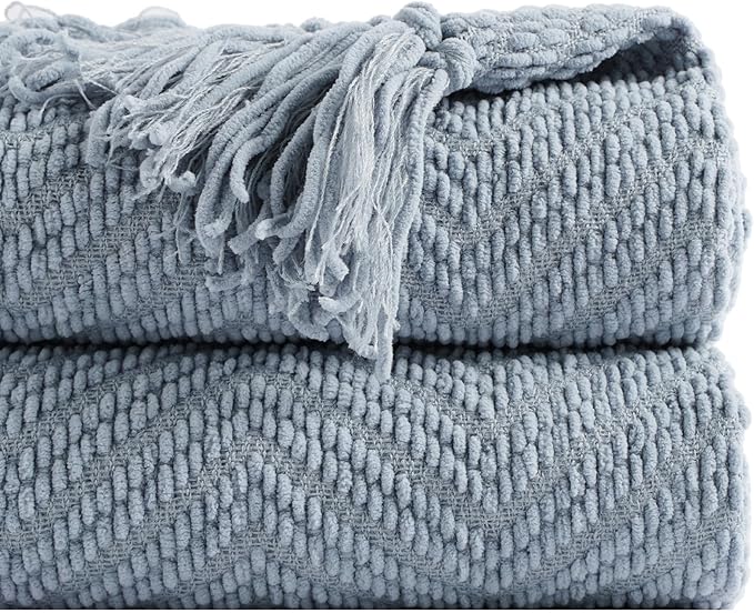 BATTILO HOME Bluish Grey Chenille Throw Blanket for Couch, Knit Throw Blanket,Super Soft Warm Home Decor Throw Blanket with Tassels for Bed,Sofa and Living Room,50" x 60"