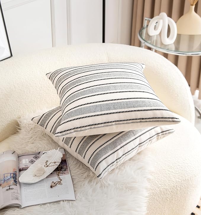 Decorative Boho Throw Pillow Covers, Farmhouse Textured Pillow Case, 22 x 22 Inch Set of 2, Chair Sofa Bedroom Living Room Home Decor Couch Cushion Case, Black and Beige Striped