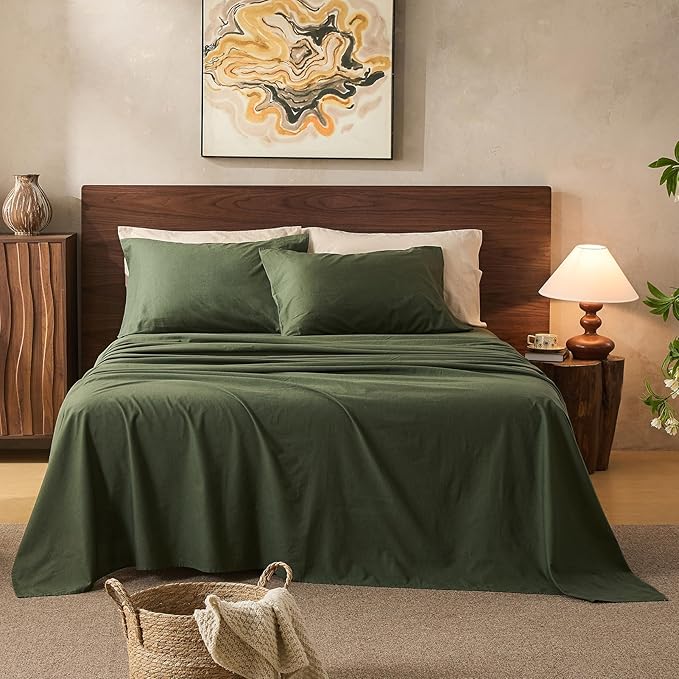 100% Linen Sheets King Size,Breathable & Durable 4-Piece Bed Flax Sheet Set,Soft All-Season Bedding for Hot Sleepers 16" Deep Pocket Oeko-TEX Certified,（King, Forest Green）