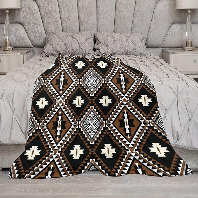 Rustic Western Throw Blanket, Southwestern Bohemian Ethnic Style Native Aztec Pattern Flannel Blanket for Sofa Bed, All Seasons 50"x60"