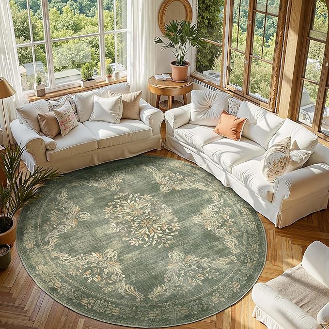 jinchan Round Rug 8ft Area Rugs, Vintage Floral Distressed Design Machine Washable Soft Non-Slip Low-Pile Ultra-Thin Christmas Circle Rug for Living Room Dining Room Home Office (8' Round, Dark Green)
