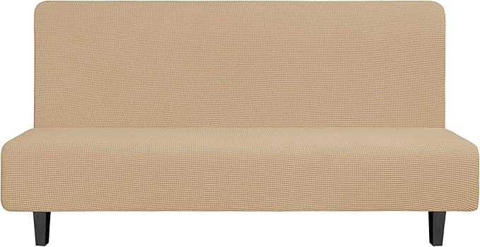 Easy-Going Stretch Futon Slipcover Armless Futon Bed Cover Furniture Protector Without Armrests with Elastic Bottom for Kids, Soft Jacquard Fabric Small Checks (Large, Sand)