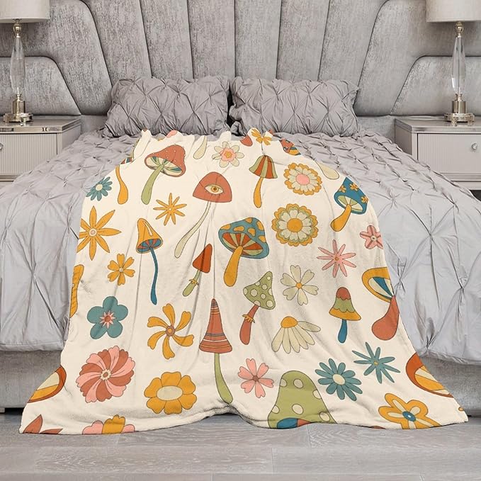 70s Mushroom Throw Blanket, Retro 60s Groovy Mushroom Boho Hippie Flowers Print Blanket for Kids Baby Bedroom Sofa Holiday Decor 30"x40"
