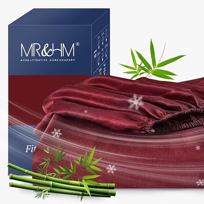 MR&HM Twin Fitted Sheet Only, Ultra-Soft Rayon Derived from Bamboo & Polyester Blend, Silky & Breathable, 15" Deep Pocket with Elastic Straps, Cooling Fitted Sheet for Hot Sleepers, Burgundy