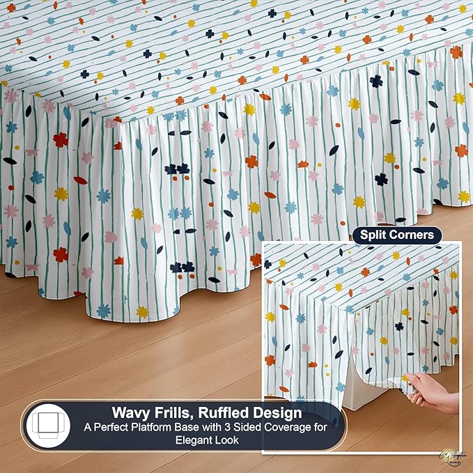 Cottington Lane Ruffled Bed Skirt King Size with Split Corner, Brushed Microfiber Hotel Quality Dust Ruffle, 16 Inch Drop Gathered Bedskirt, Soft, Stylish, Shrink & Fade Resistant, Ray of Flowers