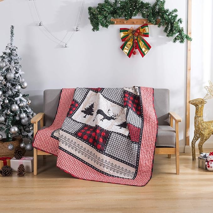 Soul & Lane Deer in The Pines 50" x 60" Lightweight Buffalo Plaid Blanket: Christmas Rustic Bedding Quilted Throw, Check Black and Red Quilt, Holiday Outdoor Coverlet, Lodge Winter Lap Comforter