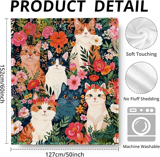 Cat Floral Blanket, Cottagecore Wildflower Flower Cats Throw Blankets for Home Bedroom Living Room Couch Bed Decor, Cat Mom Lady Lovers Gifts for Women, 50x60 Inch