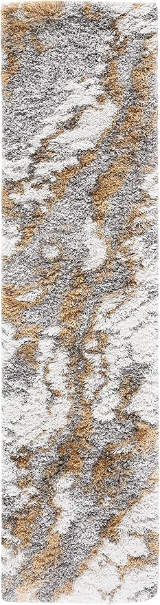 SAFAVIEH Horizon Shag Collection Runner Rug - 2' x 7', Grey & Gold, Modern Abstract Design, Non-Shedding & Easy Care, 2.6-inch Thick Ideal for High Traffic Areas in Living Room, Bedroom (HZN890D)