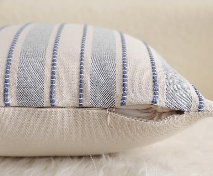 Decorative Boho Throw Pillow Covers, Farmhouse Textured Pillow Case, 20 x 20 Inch Set of 2, Chair Sofa Bedroom Living Room Home Decor Couch Cushion Case, Classic Blue and Beige Striped