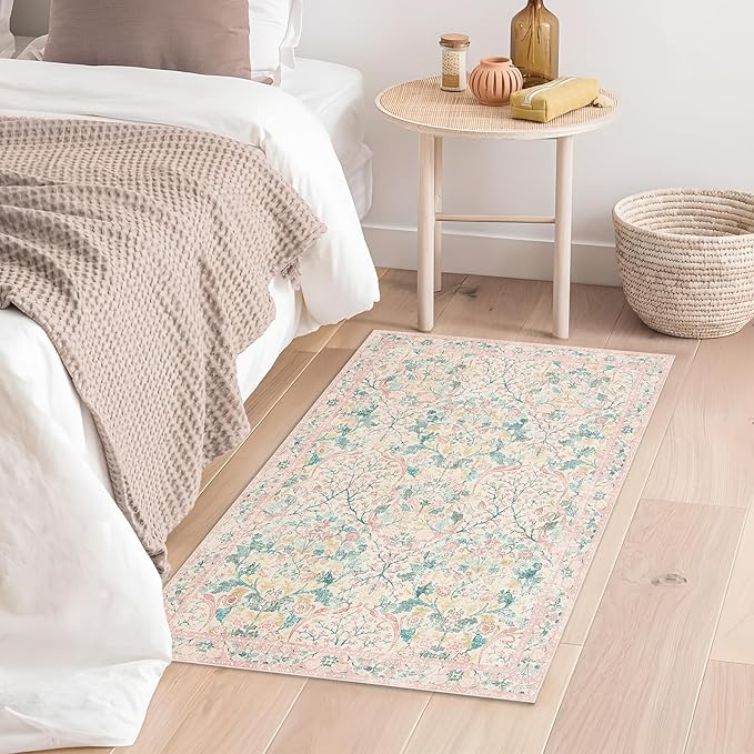 MUJOO 2x3 Washable Rug,Pink Floral Small Area Rugs for Bathroom Entryway Entry Bedroom Bedside,Boho Front Door Mat Indoor Entrance Throw Carpet Botanical Vintage Non Slip Ultra-Thin