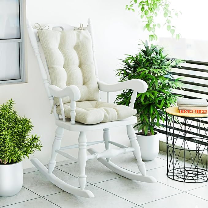 Klear Vu Omega Non-Slip Rocking Chair Cushion, Assembled in USA, Thick Tufted Design, Includes Seat Pad & Back Pillow with Ties, 17x17 Inches, 2-Piece Set, Solid Ivory