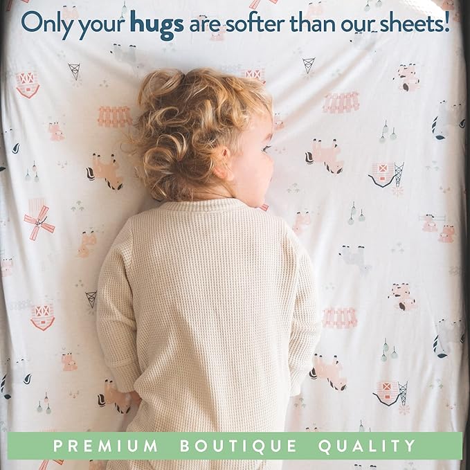 Bassinet Fitted Sheets for Chicco LullaGo Anywhere, Baby Bjorn Cradle and 14 x 29 Mattress Pad – Snuggly Soft 100% Jersey Cotton – Farm Animals – 2 Pack