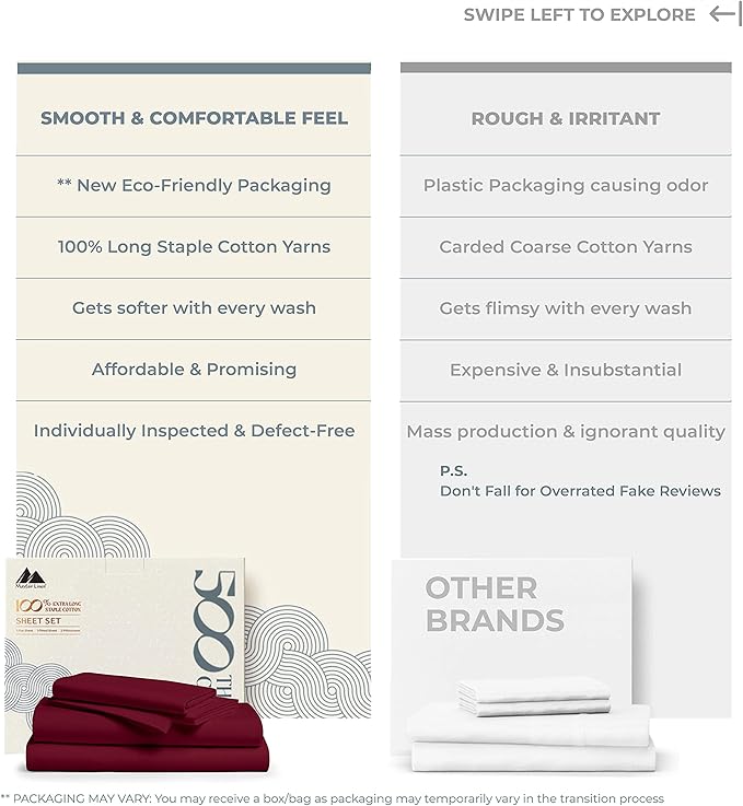 Mayfair Linen 500 Thread Count Split King Sheets Sets for Adjustable Bed - 5 PC Split King Size Bed Sheet Set Cotton (Burgundy), Soft, Cooling, Sateen 16" Deep Pocket Bedsheet (Fits 18" Mattress)