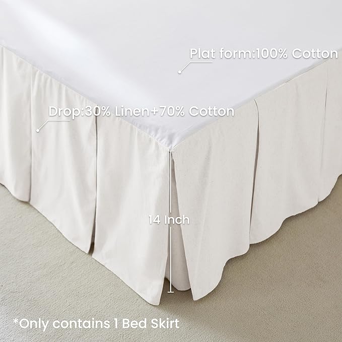 BISELINA French Linen Pleated Bed Skirt, 14" Tailored Draped Natural Linen-Cotton Blend Basic Dust Border Soft Comfort Farmhouse Bedding (14" King, White)
