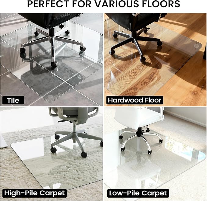Tempered Glass Chair Mat, 55" x 46" Glass Office Chair Mat, 1/5" Thick Clear Floor Mat with Anti-Slip Pads, Heavy Duty Glass Mat for Carpeted and Hard Floor