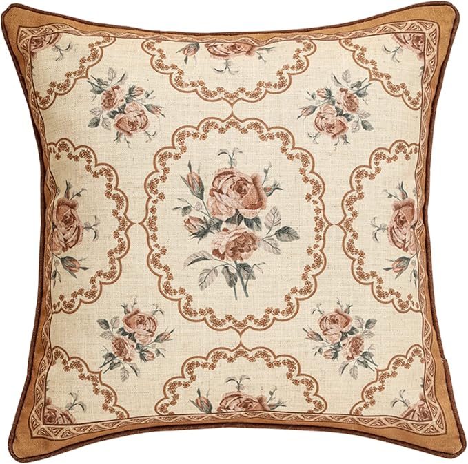 patdrea Designer Vintage Floral Throw Pillow Covers for Couch,Brown Yellow Linen Pillowcases with Bird and Rose Pattern, Decorative Square Cushion for Bed Living Room Outdoor Cafe Car,18"x18"