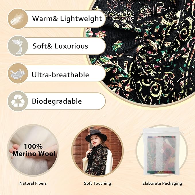DANA XU 100% Merino Wool Pashmina Shawl for Women 96"x43", Oversized Cashmere Wrap with Tassels, Floral Travel Blanket Cape
