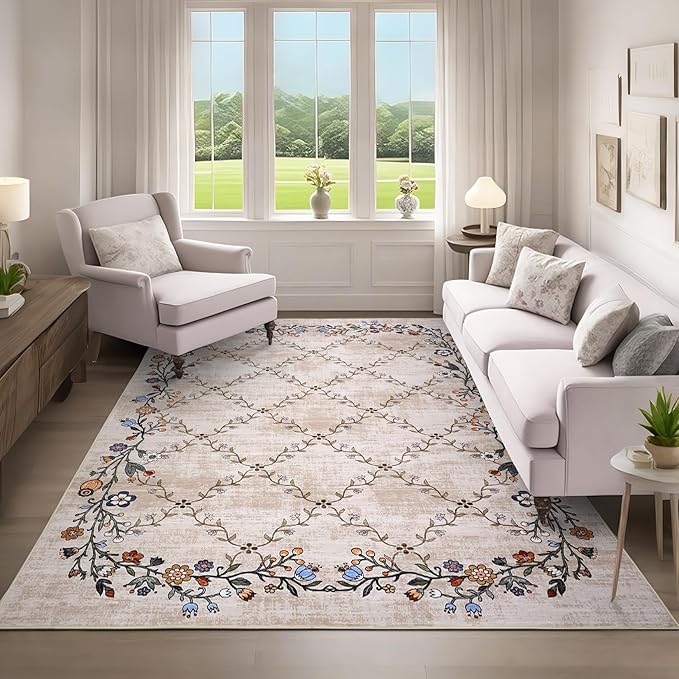 Garveehome 5x7 Washable Floral Area Rugs for Living Room: Modern Floral Non Slip Large Area Rugs for Bedroom, Large Machine Washable Living Room Low Pile Carpet with Non-Slip Backing Beige 5 ft x7 ft.