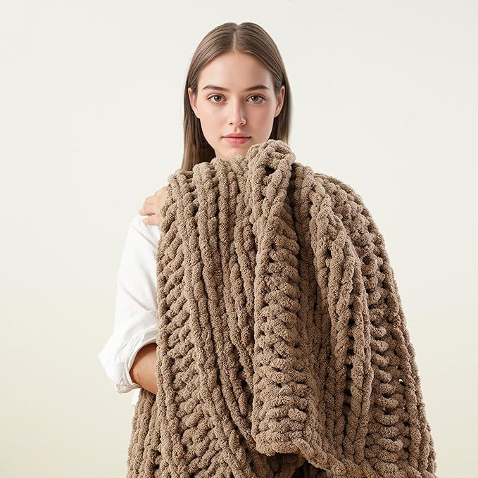 Battilo Beige Chunky Knit Throw Blanket for Couch, Super Soft Thick Warm Cable Knitted Blanket, Khaki Chenille Throw Taupe Blankets for Bed,Sofa, Living Room, 50"x60"