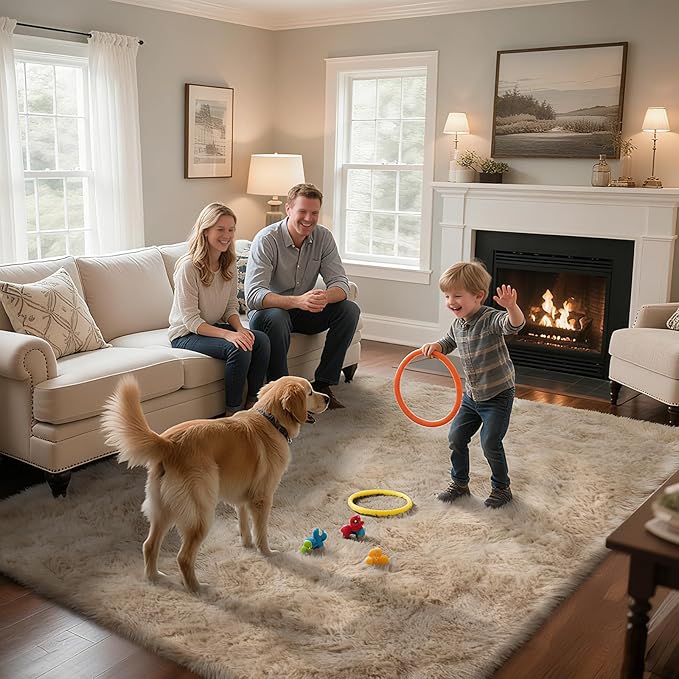 Fluffy Rug Shaggy Area Rug, Beige 9x12 Area Rugs for Living Room, Large Shag Area Rugs for Bedroom Kids Room Home Decor, Upgrade Anti-Skid Rectangular Fuzzy Rugs