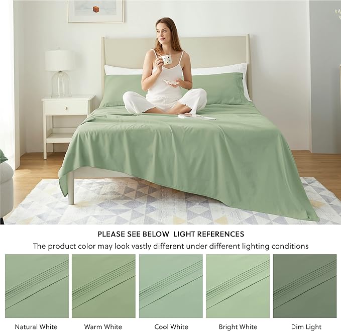 Bedsure Deep Pocket Queen Sheets Set - Fits Mattresses Up to 21 Inches Thick - 4 Piece GentleSoft Bed Sheets, Moisture Wicking, Soft & Cooling Bedsheet & Pillowcases, Easy & Secure Fit, Light Green