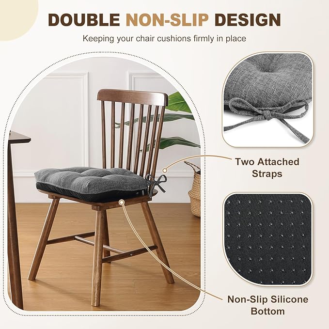 downluxe Indoor Chair Cushions for Dining Chairs, Tufted Overstuffed Textured Foam Kitchen Chair Pads with Ties and Non-Slip Backing, 15.5" x 15.5" x 4", Dark Grey, 4 Pack