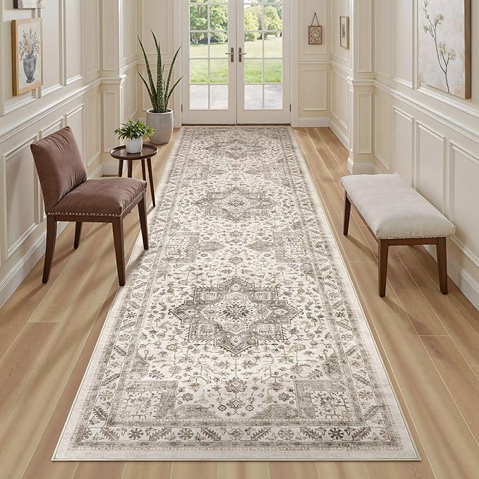 Vintage Hallway Runner Rug 3x8: Large Soft Washable Entryway for Kitchen Laundry Room Non-Slip Backing Runner for Entrance Living Room Bedroom Bathroom - Light Brown