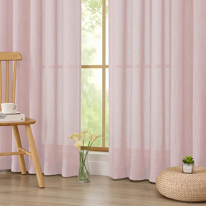 Simplebrand Blush Semi Sheer Faux Linen Textured 120 Inches Long Curtains 2 Panels Set, Privacy Farmhouse Window Drapes for Living Room/Birthday Party/Hallway Window Guest Room, 10FT, 50 x 120 Inch