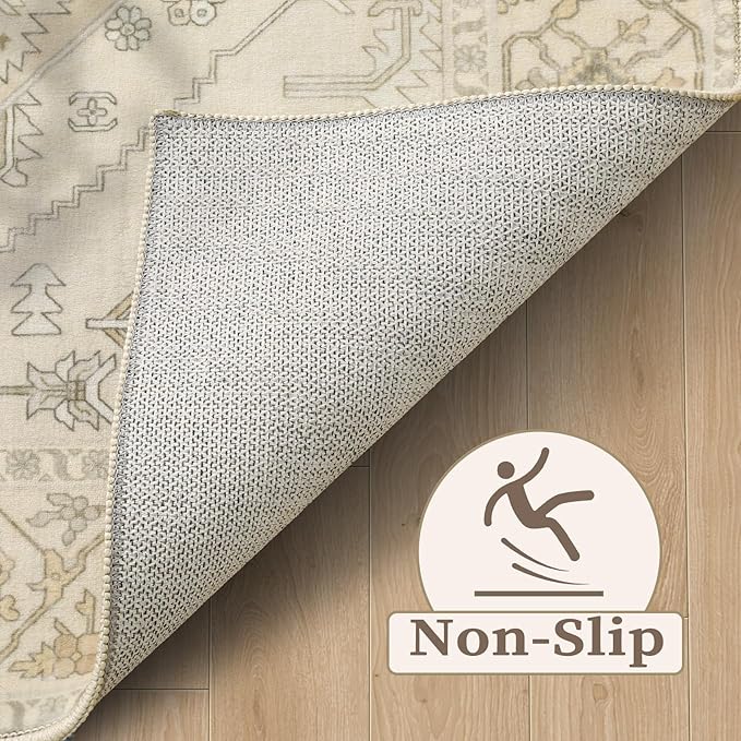 SERISSA Washable Rugs 8x10 Area Rugs, Large Non-Slip Boho Living Room Rug, Ultra Soft Vintage Beige Print Distressed Farmhouse Carpet for Dining Room Bedroom Dorm Office Home Decor